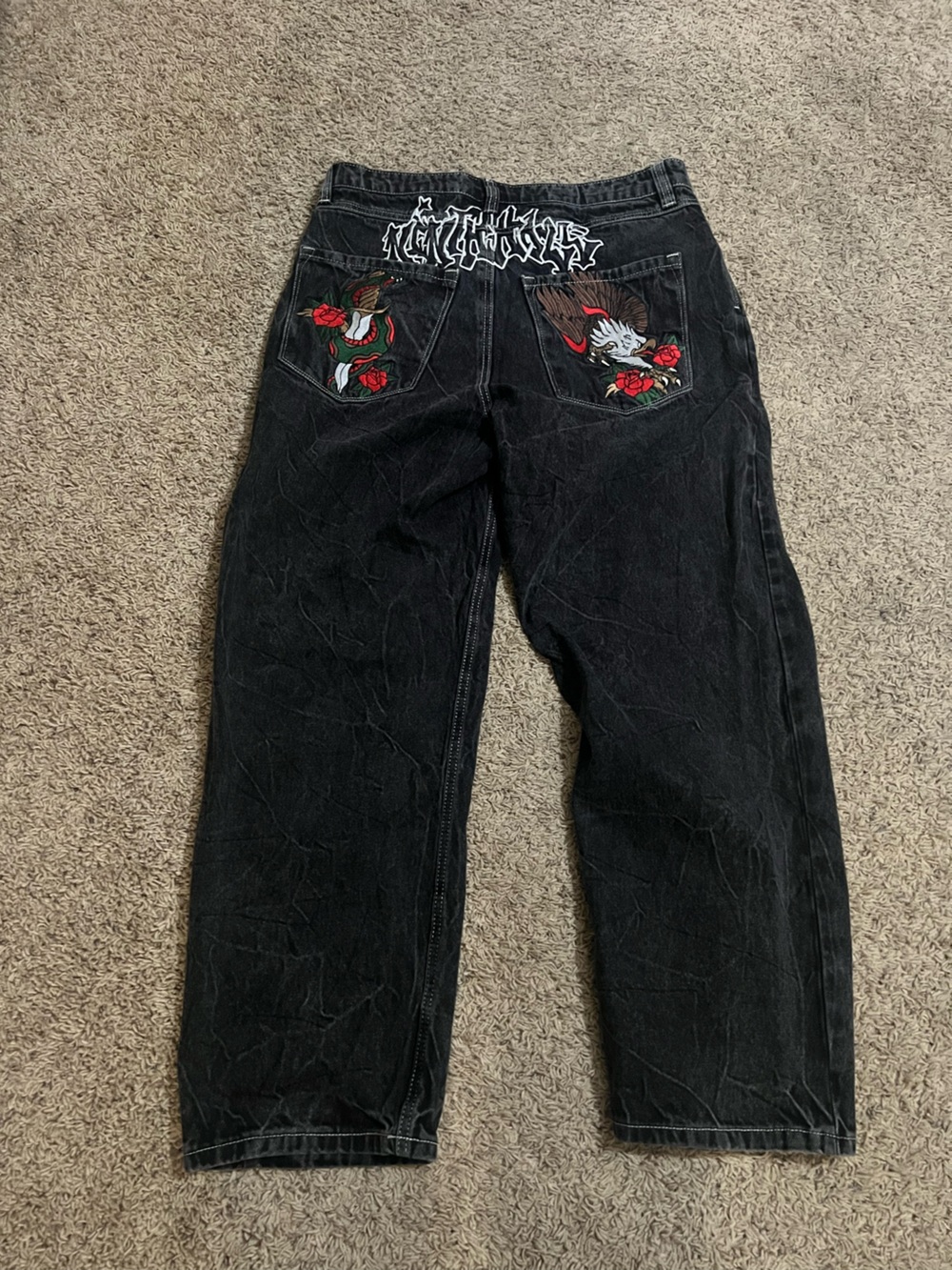 Ninth Hall Ambush Black Jeans with Red Rose Pocket Embroidery